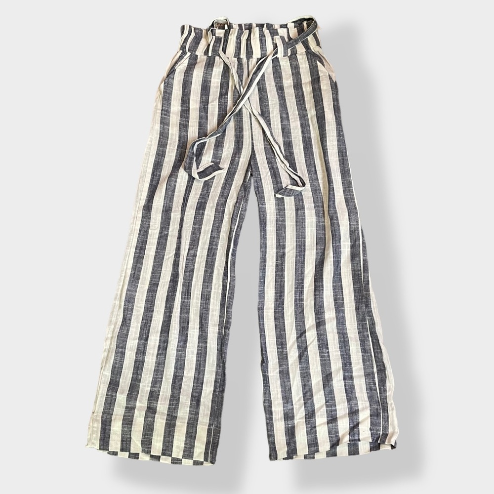 Linen Blend High Rise Wide Leg Striped Pants Lounge Beach Casual Elastic Waist L
